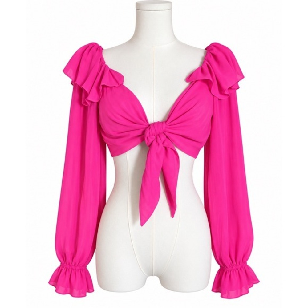 Forever 21 Hot Pink Ruffle Tie Front Crop Top Long Sleeve Chiffon Blouse M